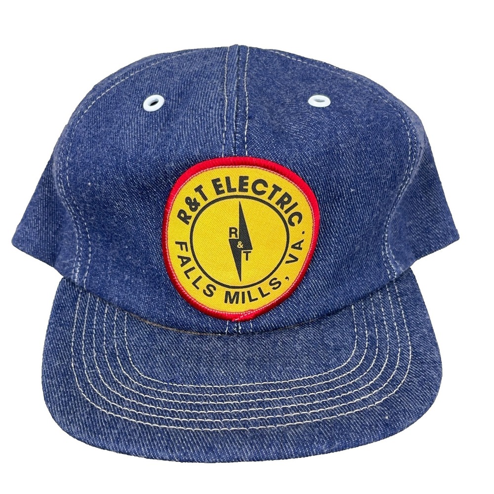 Vintage Denim Trucker Hat Cap Made In USA 80s 90s Patch R&T Electric Blue Jean